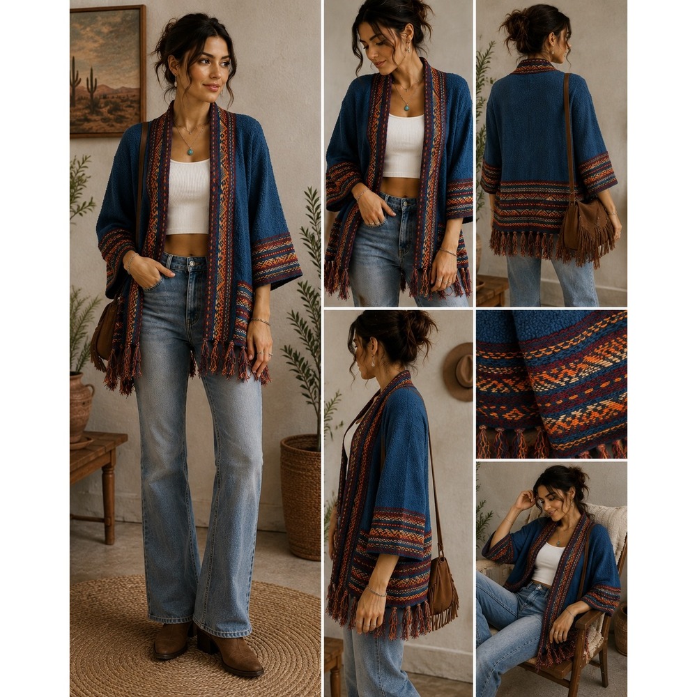 Ruby Rd Petite Blue Southwestern Fringe Open Front Cardigan Sweater PXL 37364